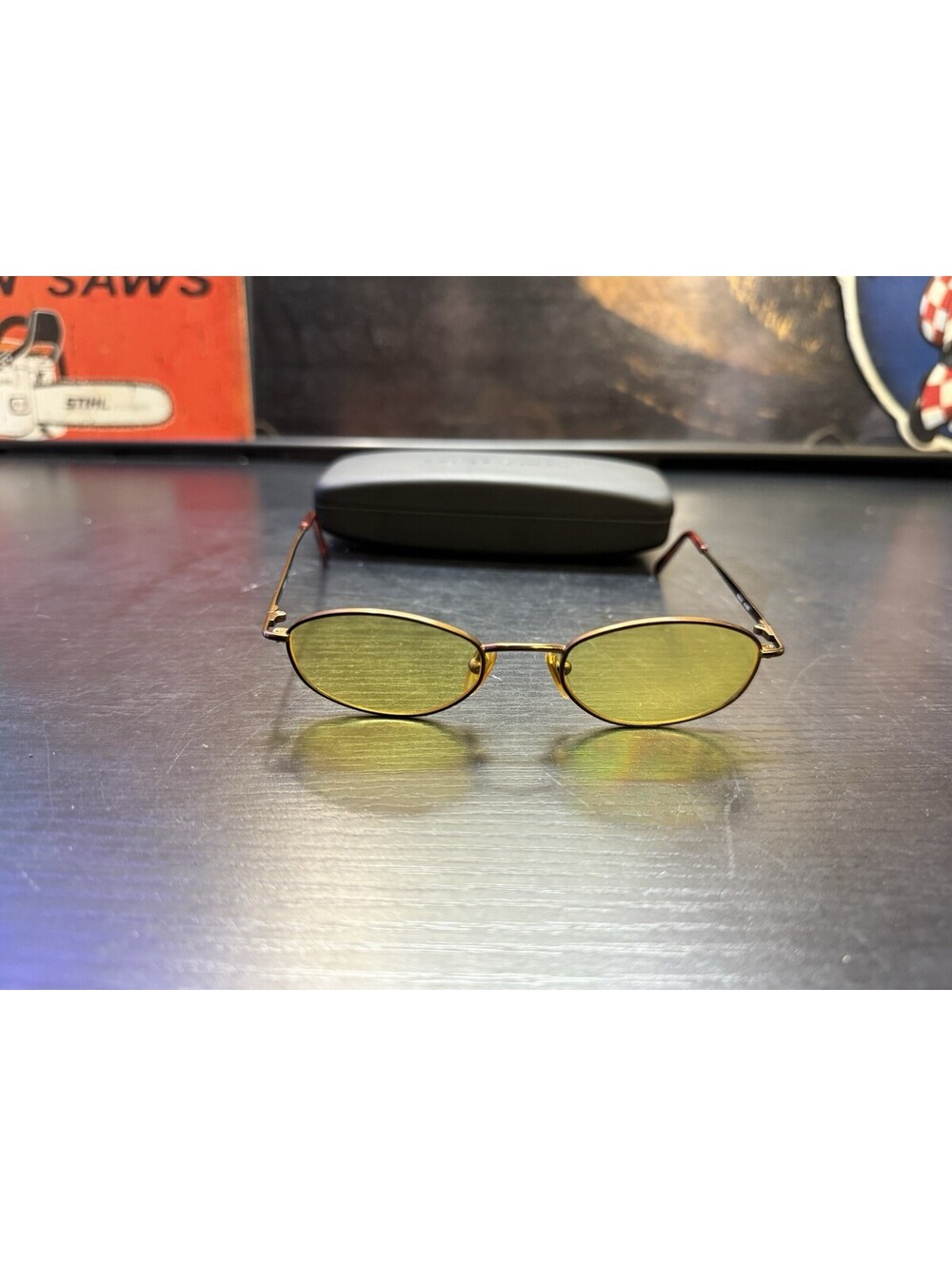 Vintage 90s DKNY Semley K01265 Bronze Metal Oval Sunglasses Amber Yellow Lens